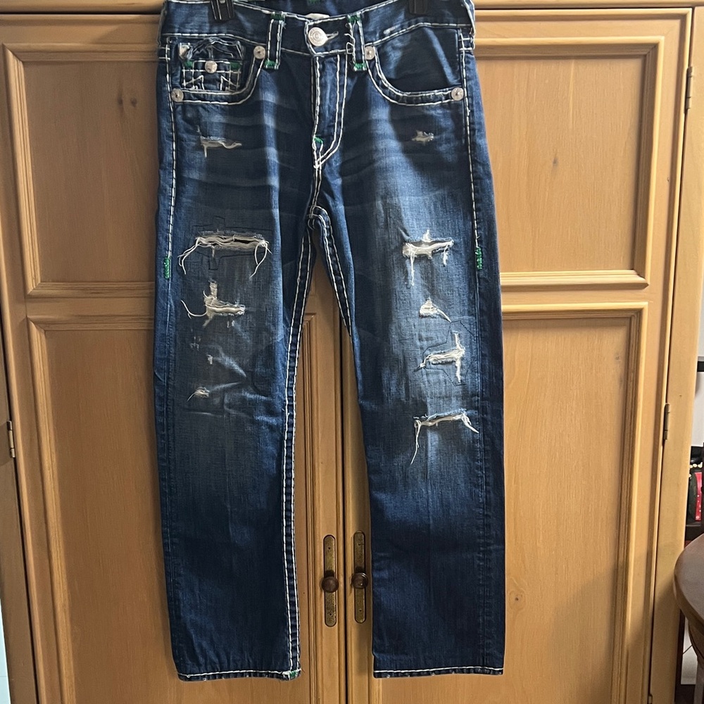 True Religion Men's Blue Distressed Straight Jeans